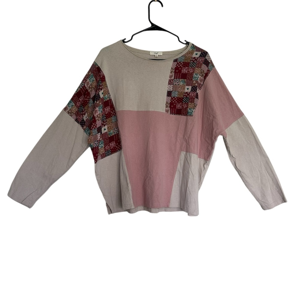 Easel Colorblock Patchwork Long Sleeve Top in Pink, Beige, Burgundy cute!